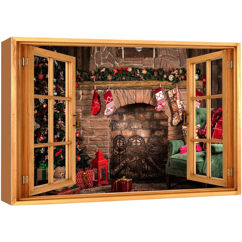 Célébration des fêtes de Noël «Vue de la fenêtre Chaussette de Noël Décorations de cheminée Célébrations et jours fériés, paysages naturels» sur