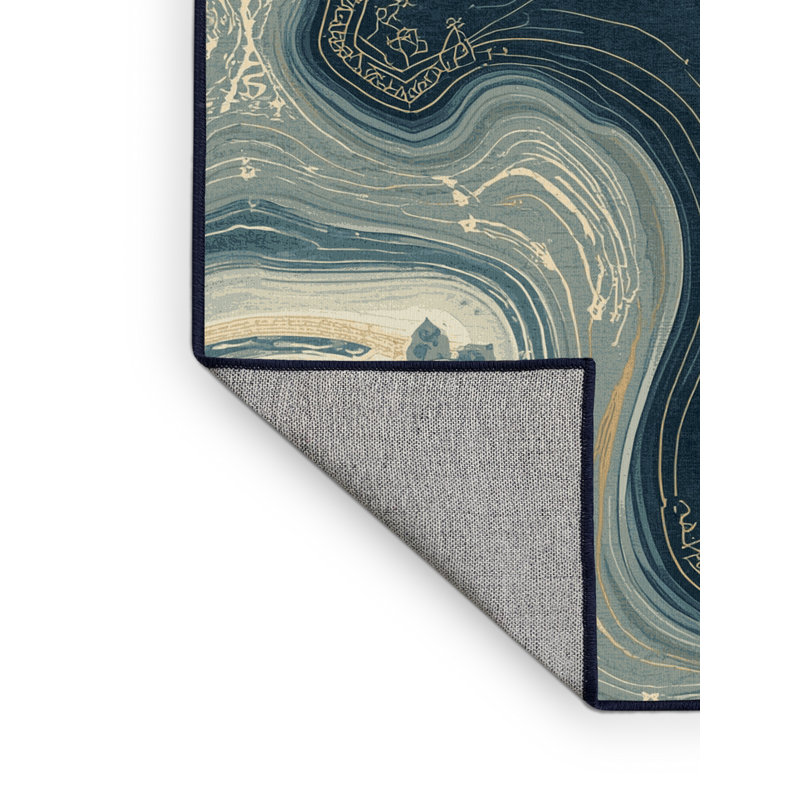 Tapis marocain d'inspiration mondiale Orionna lavable à la machine - reliure bleu marine, Rond 7 pi