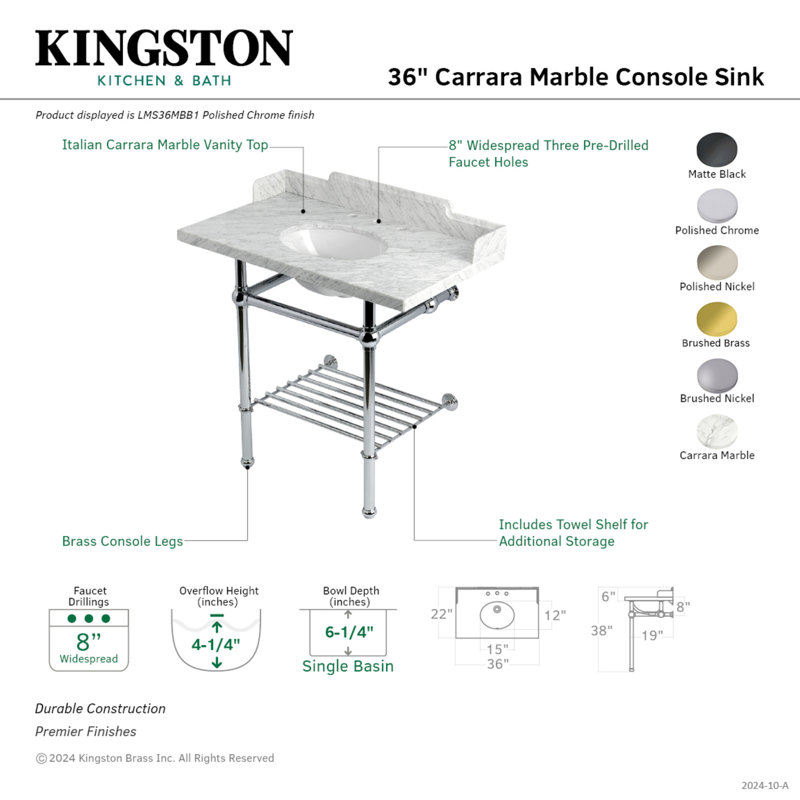 Kingston Brass Pemberton 36-Inch Carrara Marble Console Sink with Brass Legs and Shelf (8-Inch, 3-Hole)