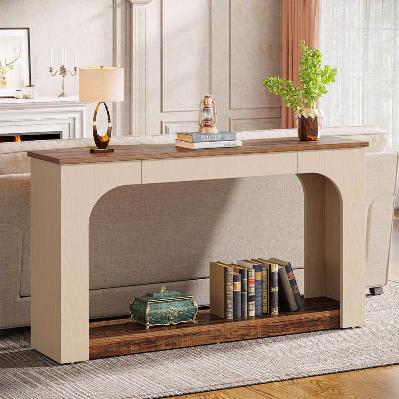 Console Farmhouse Led, table d'entrée de vestibule en bois, canapé rétro long et étroit derrière le canapé, Blanc