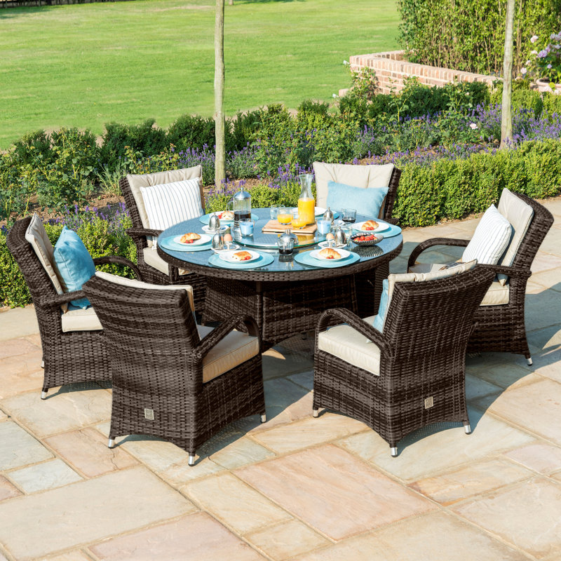 Coshocton 6 Seat Round Rattan Dining Set - with Ice Bucket & Lazy Susan - Brown, Brown