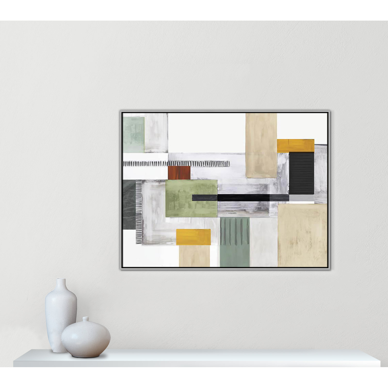 Playful Blocks Print by Tom Reeves, No Mat, 37.5" H x 49.5" W x 2" D, Silver Floater Framed