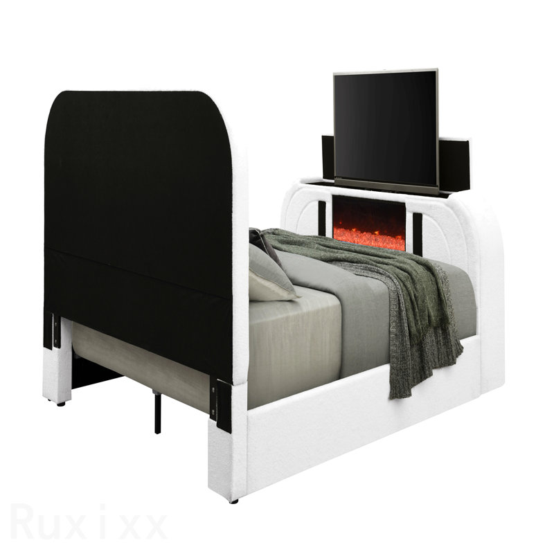 Shelyn White Teddy Sherpa & Chrome Ek Bed W/Led, Tv Cabinet, Fireplace & Bluetooth, Queen