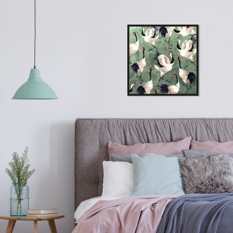 «Animals Grazing Cranes Birds», impression sur toile, H 16 po x l 16 po, Toile encadrée, Noir