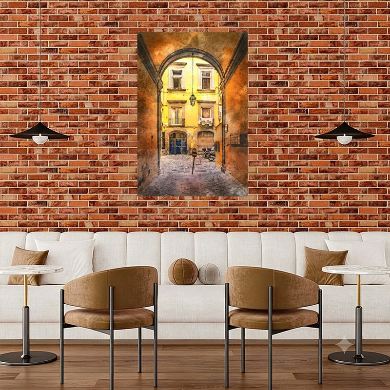 «Vibrant European Courtyard», art mural rétro, 48" H x 32" W