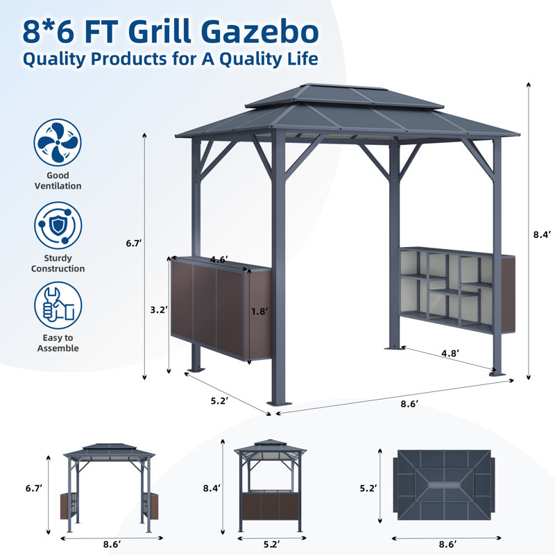 8 Ft. W X 6 Ft. D Professional Grill Gazebo with Aluminum-Plastic Panels & Integrated Storage – All-Weather Outdoor Kitchen Solution