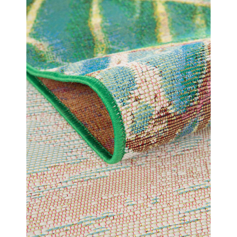 Round 7'1" Green and Pink Floral Synthetic Rug