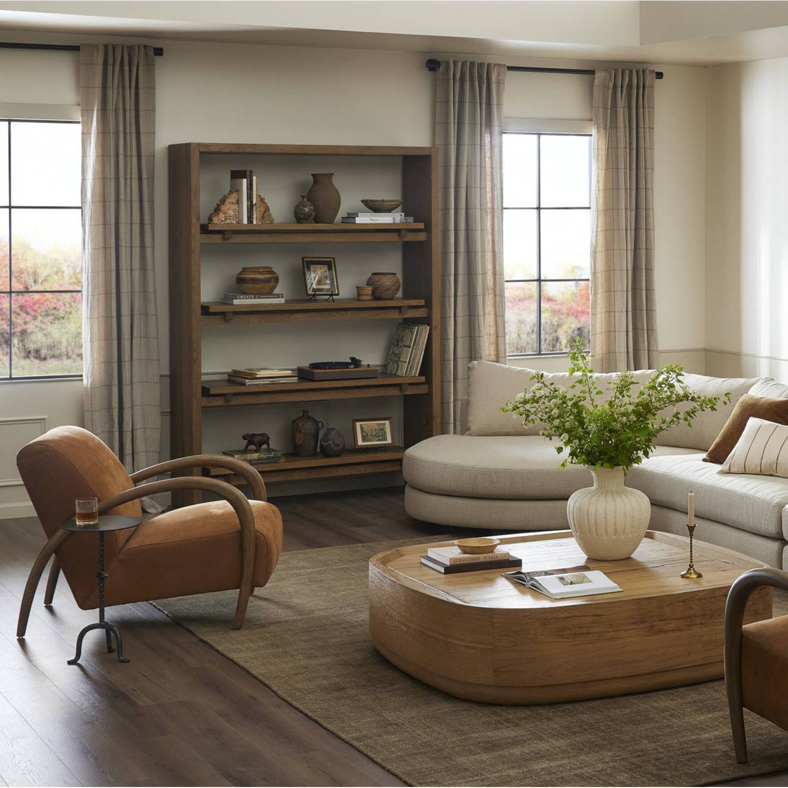 Noah Wood Frame Accent Chair, Nubuck Cognac Genuine Leather