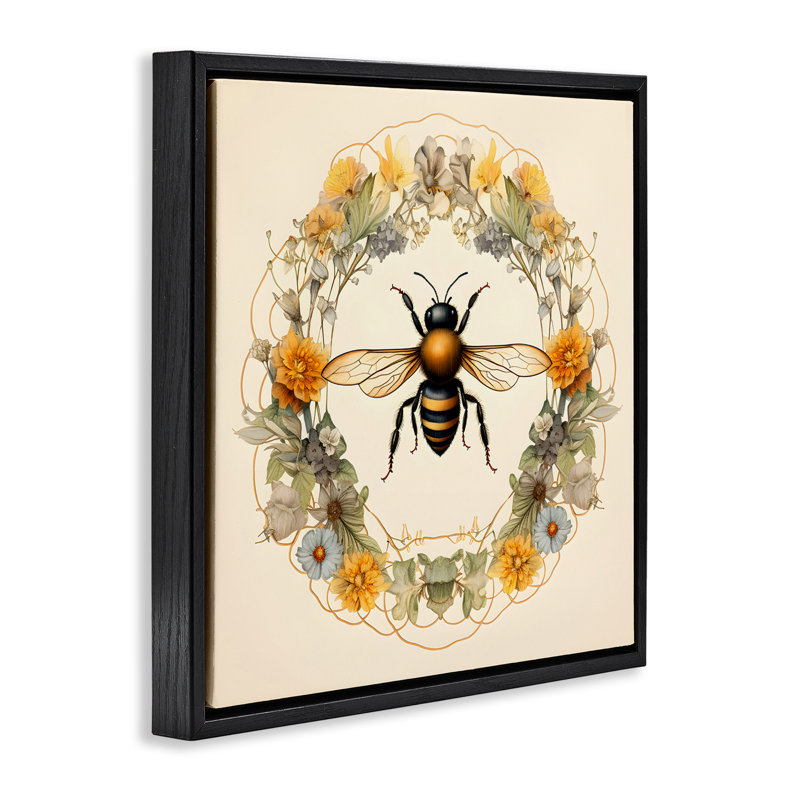 «Cottage Bee Wreath», art mural encadré flottant par Petal Prints Design, Cadre flottant noir de jais, H 18 po x l 18 po