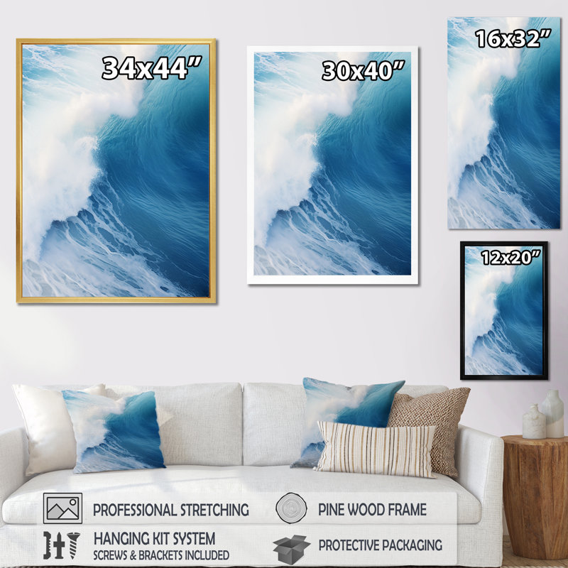 «Blue Wave Blue Wonder I» sur toile, H 32 po x l 24 po x P 1 po, Encadrement doré