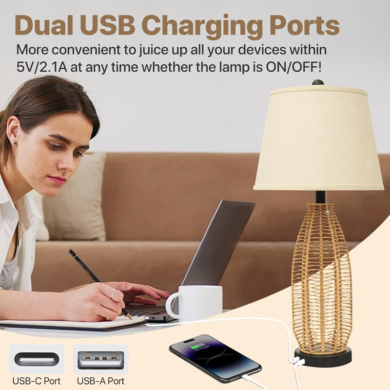 27" Boho Table Lamp: Rattan Lamp with USB A+C Charging Ports, 3-Colour Temperatures Boho Lamp with Pull Chain, Boho Bedside Lamp for Nightstand Bedroom Living Room, Bulb Included, 1-Pack