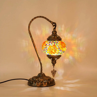 Turkish Moroccan Table Lamp, Handmade Swan Neck Tiffany Mosaic Glass Bedside Lamps for Bedroom