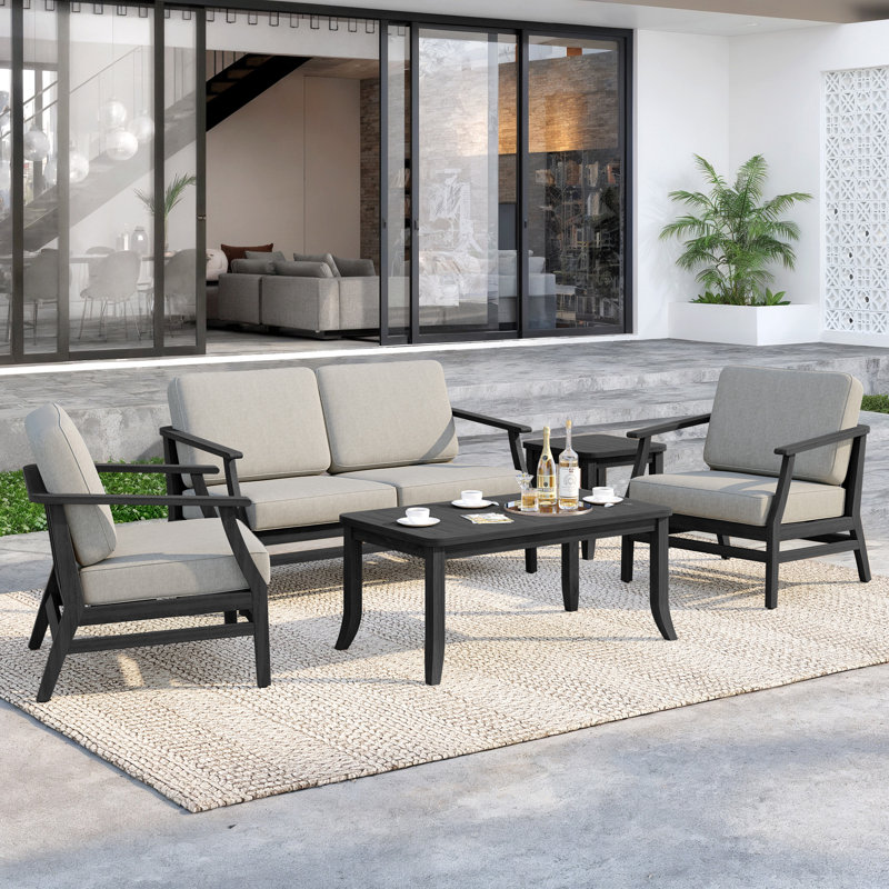 Clinkscales Teak Outdoor Four-person Patio Set with Cushions and Two Tables, Light Camel, Black