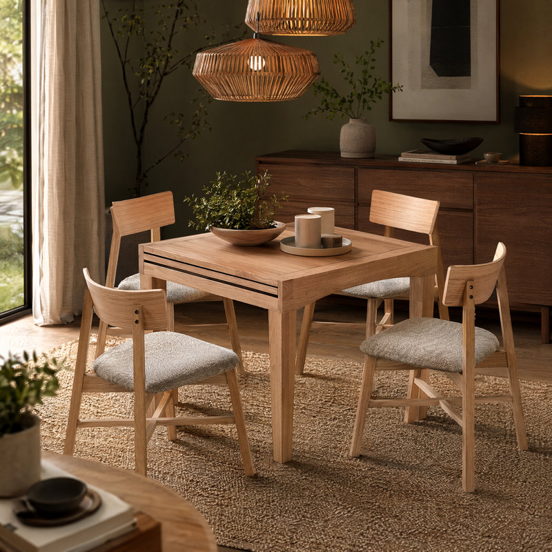 Extendable Solid Wood Dining Set, Tan, 4