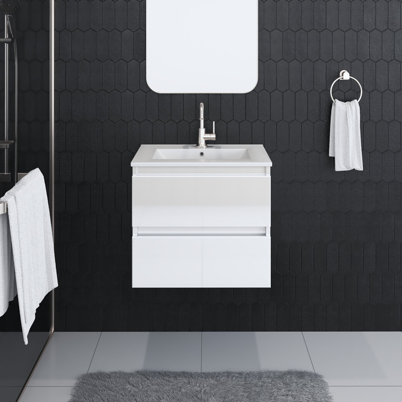 Salt 24'' Single Bathroom Vanity with Ceramic Top, Glossy White