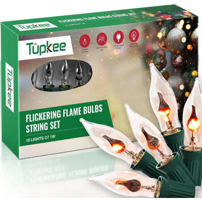 Tupkee C7 Flickering Flame Bulb String Set, 10 Light Bulbs C7 1W, Halloween & Christmas Decor Indoor/Outdoor 