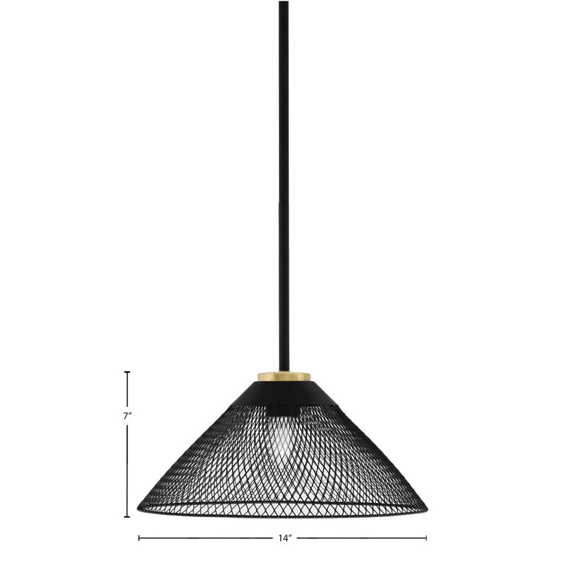 Luminaire suspendu à 1 lumière Amarmula, noir mat et finition laiton vieilli, abat-jour conique en métal noir mat 14 po