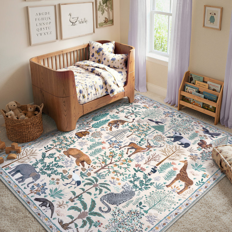 Goldene Whimsical Jungle Animal Washable Area Rug for Kids Room & Nursery, Soft Non-Slip Botanical  Carpet for Living Room, Bedroom