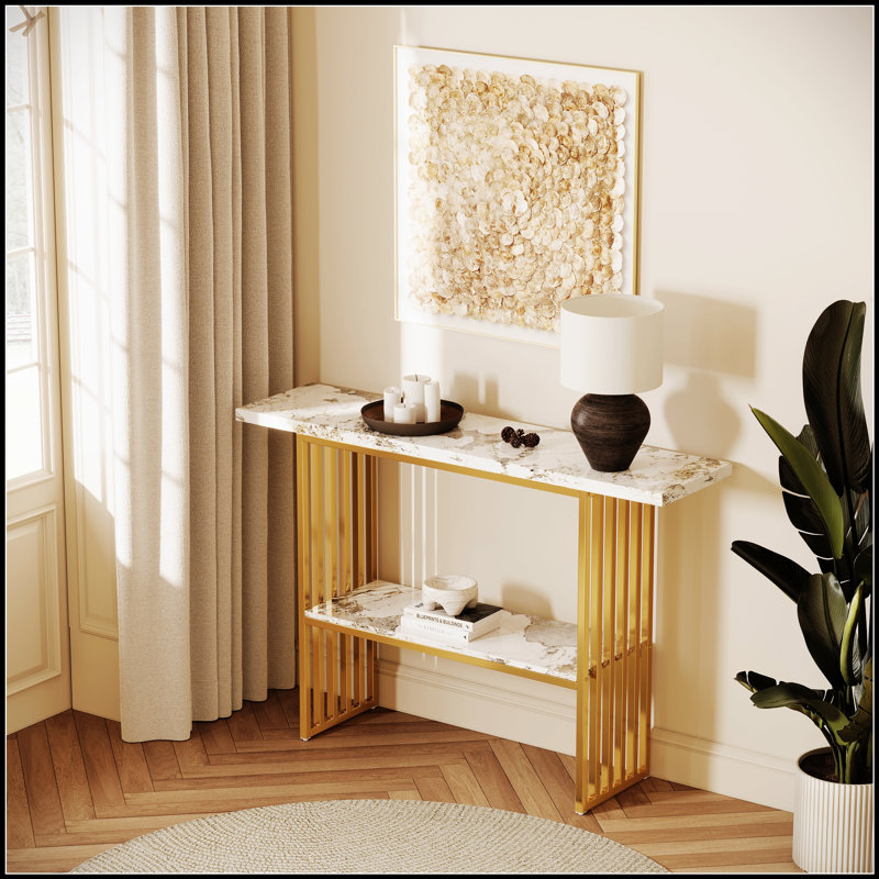 Modern Luxury Gold Metal Frame Console Table, Chic Entryway Table With Storage Shelf For Living Room Decor