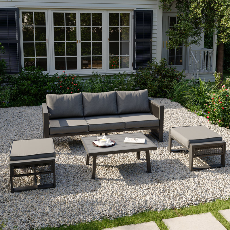 5-Person Patio Conversation Set With Cushions, Featuring Decorative Pull Cord Detailing, Gray Cushion/Black Frame