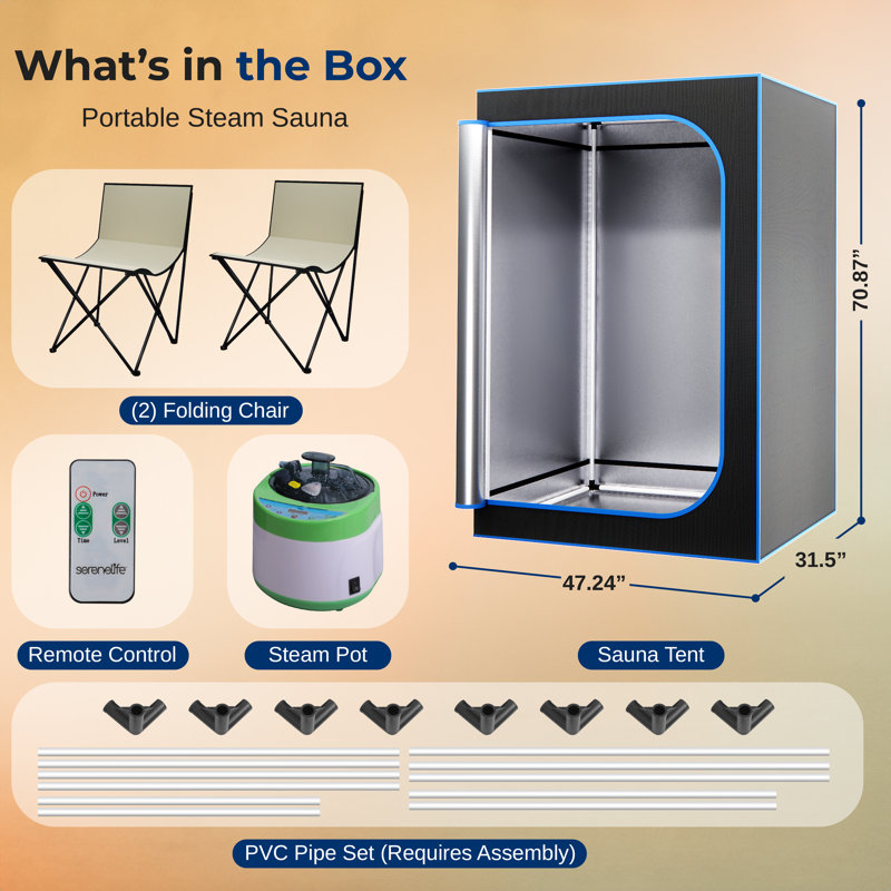 Serenelife Portable Sauna For Home, 2 Person Steam Sauna Tent With 4L Steamer, 2 Folding Sauna Chairs, Remote Control In-Home Spa, 71"X47" - Inches (Black)