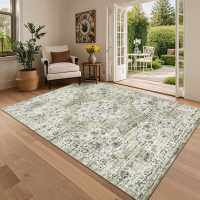 Lavable 5 x 7 tapis rétro Boho pour le salon, antidérapant, patiné, grands tapis pour la chambre à coucher, la chambre de bébé, le tapis oriental, neutre, pliable, mince, pour salle de jeux, tapis brun, jaune