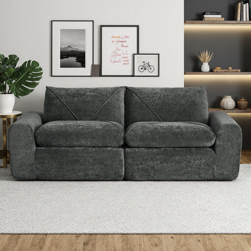 Canapé 85 places moderne 85,83 po en chenille minimaliste avec pédales, mousse haute densité et coussins à ressorts, causeuse spacieuse pour le salon, l’appartement et la famille
