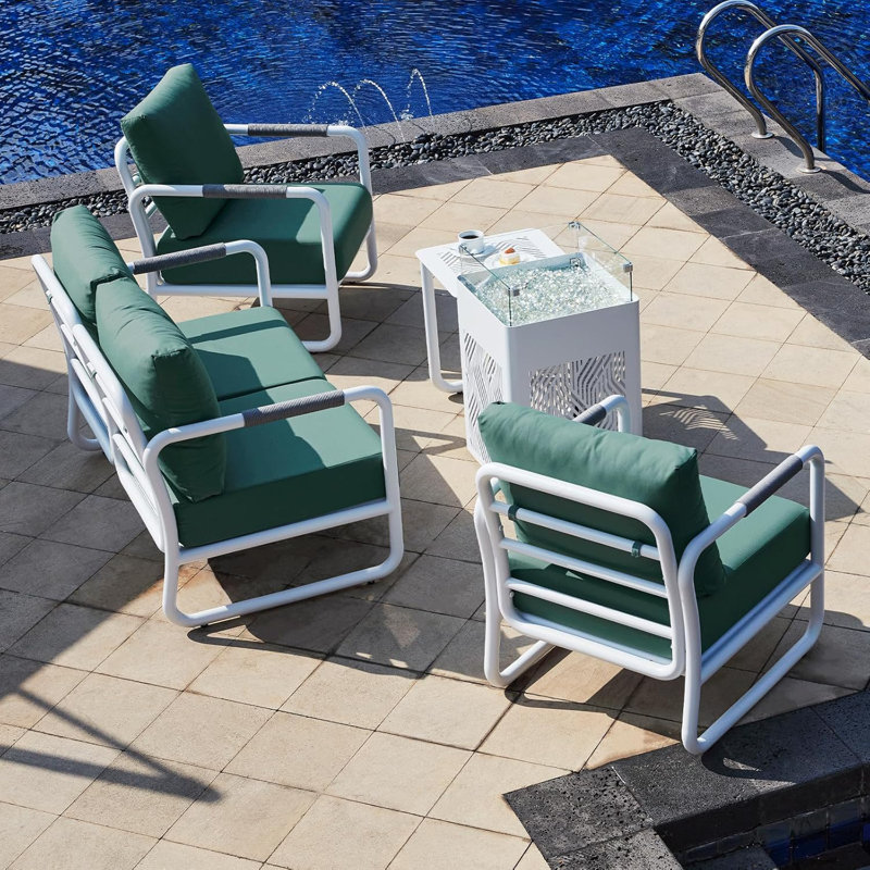 4-Seats Outdoor Aluminum Patio Conversation Set with 45,000 BTU Fire Pit Tablew/Glass Wind Guard, All-Weather, Perfect for Poolside, Balcony, or Garden