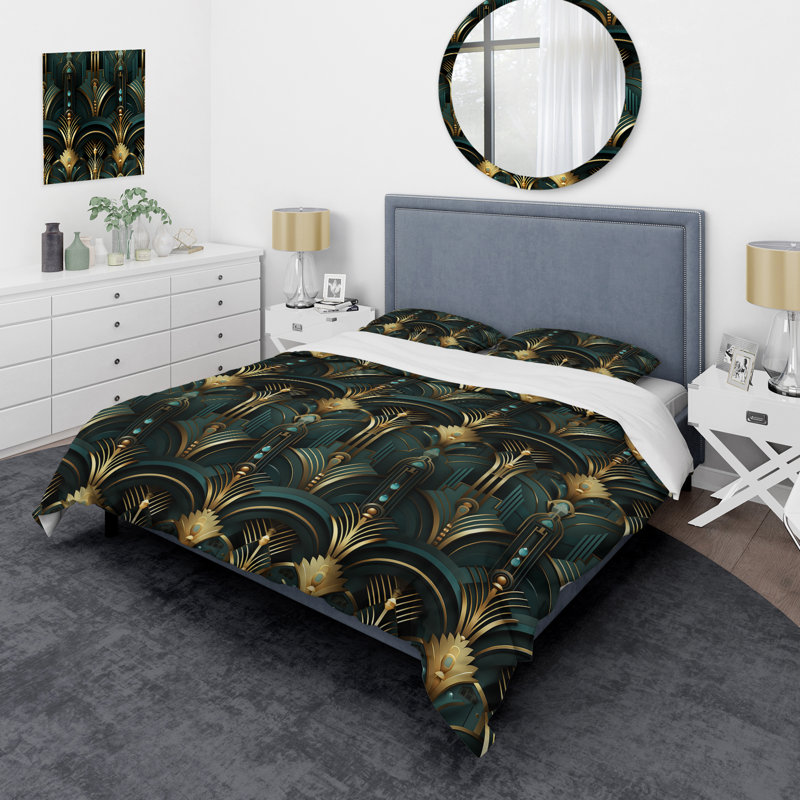 Ensemble de housse de couette abstrait - Opulence dorée et verte Art Déco, Housse de couette simple + 1 taie décorative stan