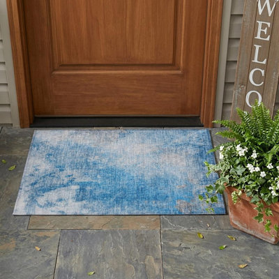 2' X 3' Blue and Gray Abstract Washable Non Skid Indoor Outdoor Area Rug