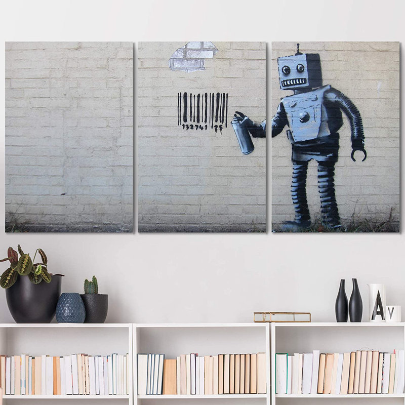 Pop Urban Street " Robot Graffiti Banksy In Street " 3 - Pieces, 36" H x 72" W, Wrapped Canvas