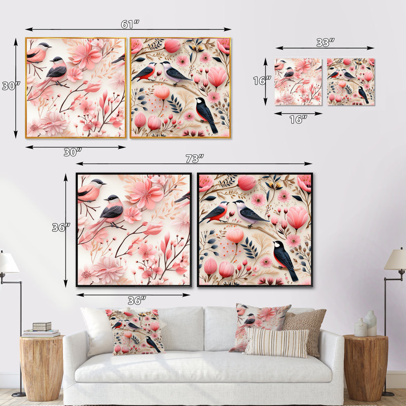 Ensemble de 2 collages carrés floraux roses et scandinaves, Cadre flottant doré, H 16 po x l 33 po