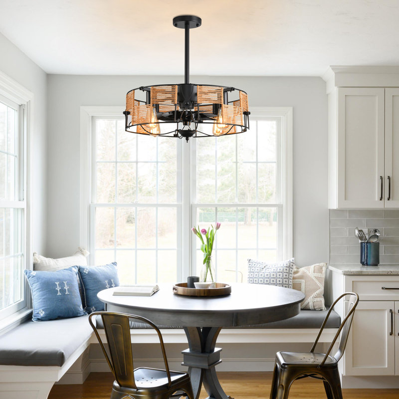 19" 4 - Light Farmhouse Boho Rattan Caged Chandelier Ceiling Fan With Light Kit And Remote