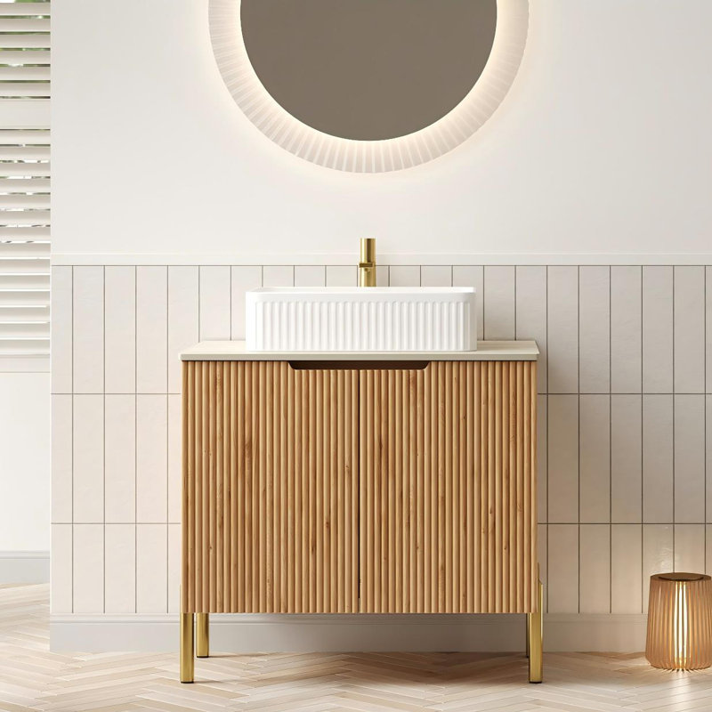 Meuble-lavabo autoportant de 30 po avec lavabo rond à motif de pierre et comptoir en pierre frittée en travertin, portes à fermeture en douceur, finition grain de bois naturel