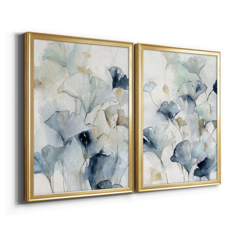 Indigo Ginkgo I, reproduction encadrée de qualité supérieure - prête à être accrochée, Or, H 18,5 po x l 49 po x P 1,5 po