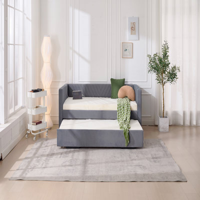 Upholstered Trundle Daybed, Twin Size,USB Port,Side Pockets, Modern V-Grained Backrest Design,No Box Spring Needed