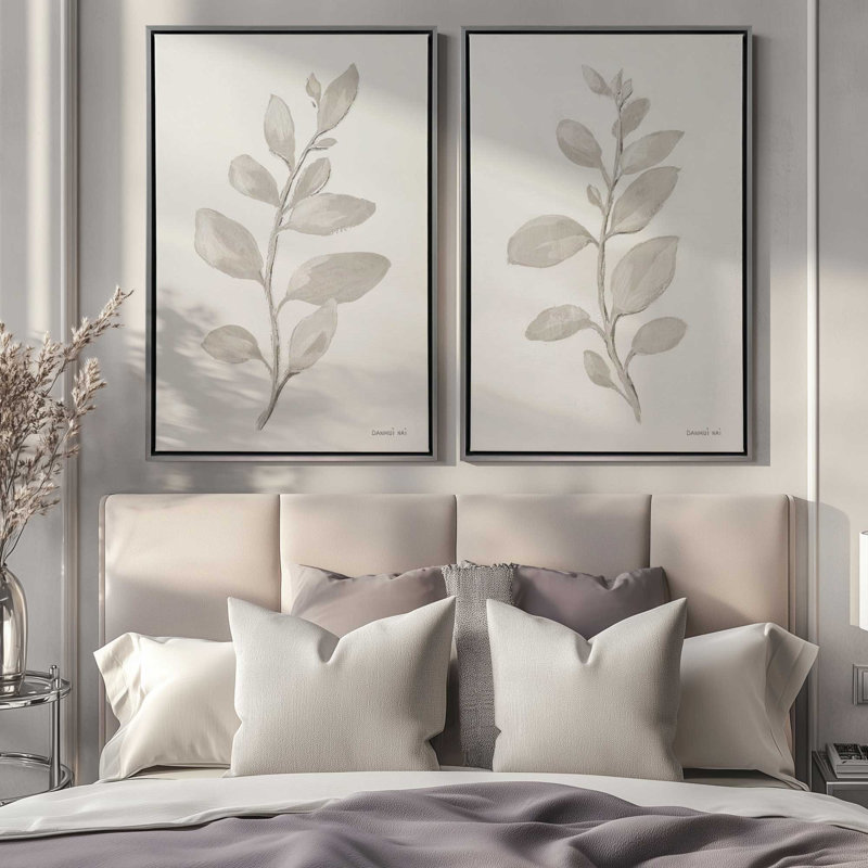 Elegant Grey Leaves Set of 2, 13" H x 18" W, Polished Chrome Floater Framed