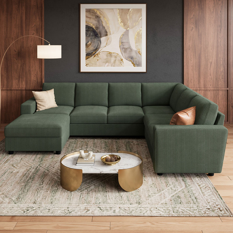 Abramson U-shaped Modular Corduroy Sectional Sofa With Storage Ottoman Green, Green Corduroy, 33.9" H x 102.4" W x 79.9" D