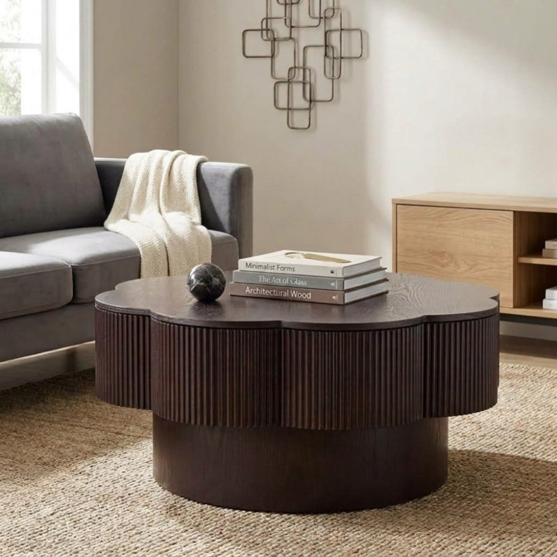 Table basse moderne en forme de fleur de prunier de 80,3 cm (31,6 pouces) avec rangement dissimulé, table d'appoint en placage de bois naturel pour salon ou appartement