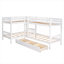 Lit superposé simple en forme de L pour quatre personnes, fabrication en bois massif, blanc pur avec tiroirs de rangement