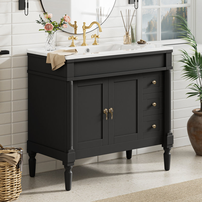 Meuble-lavabo 36 po avec lavabo en céramique, Noir