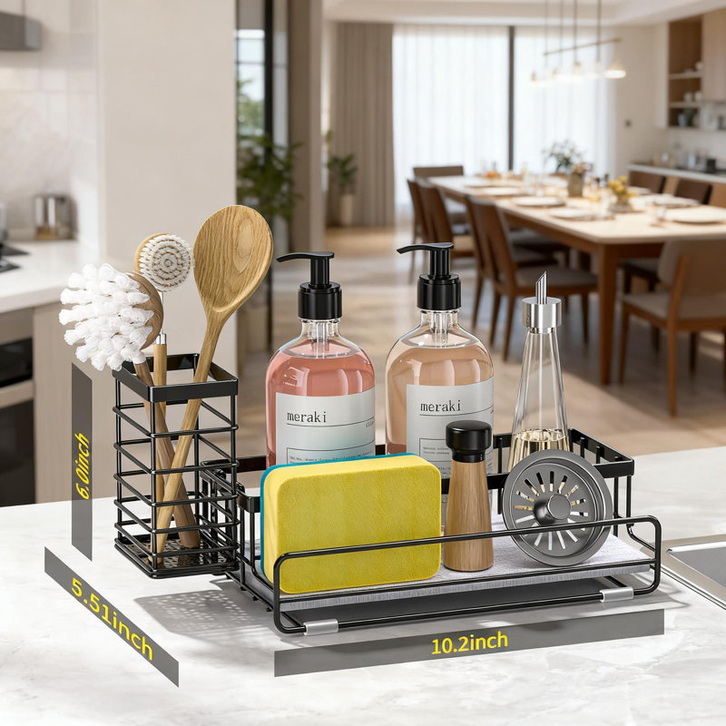 Support de rangement pour évier de cuisine avec tapis en diatomite à séchage instantané, éponge en acier inoxydable et support à récurer avec support à brosse amovible et base antidérapante
