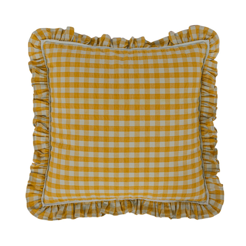 Mustard Gingham Ruffle Cotton Pillow, White