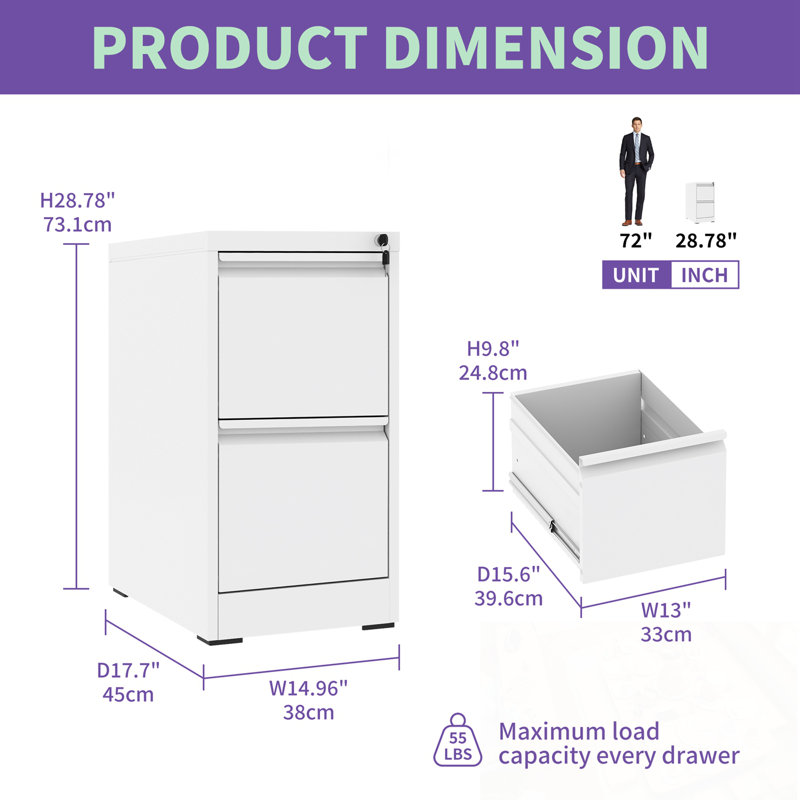 Metal Vertical File Cabinet With Lock And 2 Drawers, White