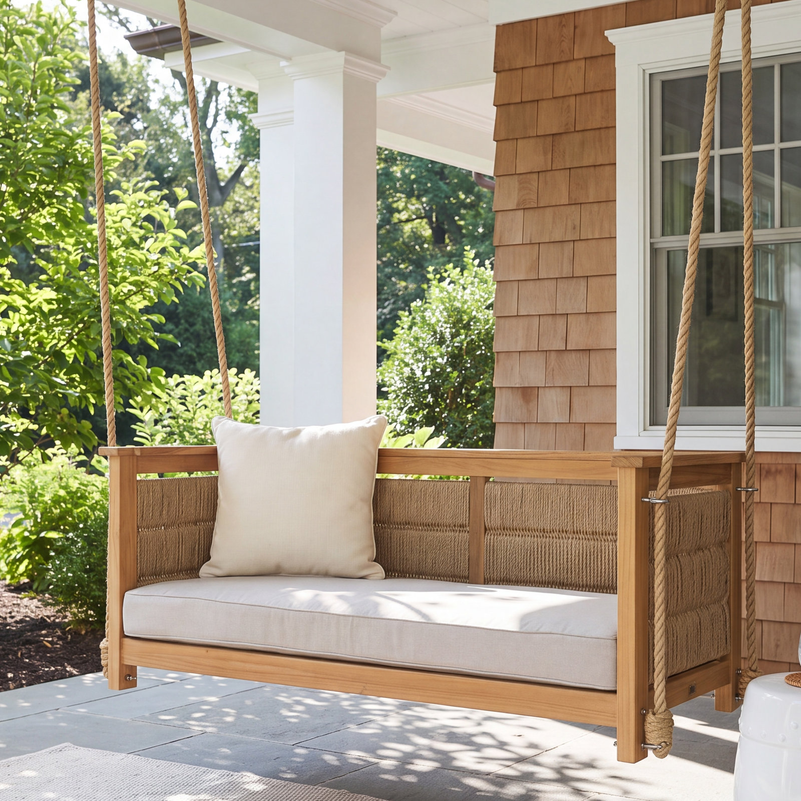 Blaine Teak Porch Swing with Cushion, Tan Performance Basketweave