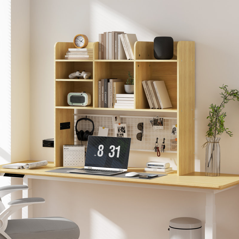 Furnier Desktop Bookshelf With 7-compartment Organizer & Grid Panel, Natural
