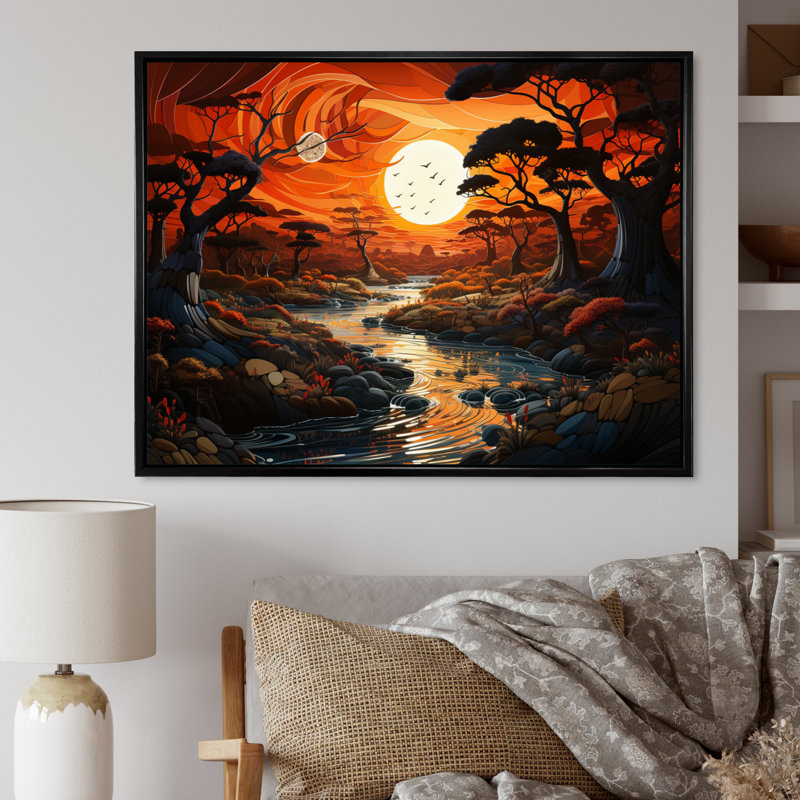 Riverforest Sunset, aura africaine sur toile, H 34 po x l 44 po, Cadre flottant noir