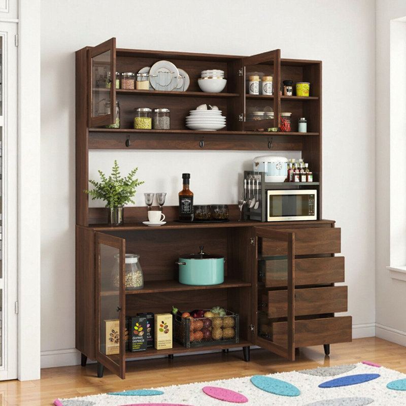 Huche de cuisine 63 po en noyer avec 4 portes, 4 tiroirs et tablette à micro-ondes, Noyer