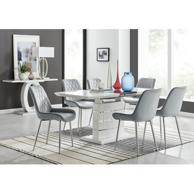 Everson High Gloss 6 Seat Extendable Dining Set with Luxury Velvet Upholstered Dining Chairs