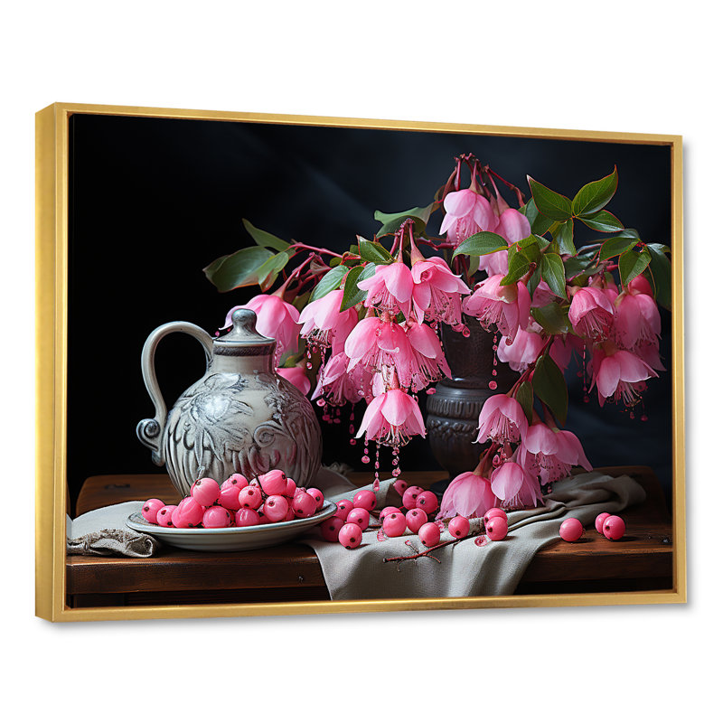 Nature morte bouquet de fuschia, Cadre flottant doré, H 34 po x l 44 po x P 1,5 po